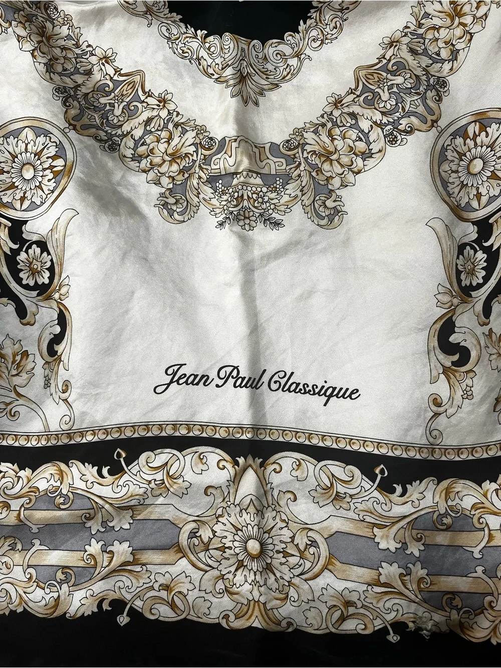 Beautiful French Jean Paul Classique Ornate Silk Scarf in Black & Cream